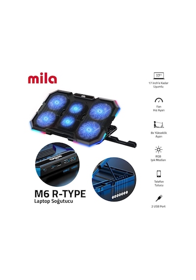 Classone Mila Serisi 13-17 İnch Uyumlu M6 R-type 2200 Rpm, Rgb Işıklı, 6 Fan, Telefon Stand, Notebook Soğutucu Stand