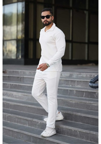 Mfz Giyim Petekli Alt Üst Pantolon Ve Patlı Yakalı Erkrk Sweat Takımı Beyaz