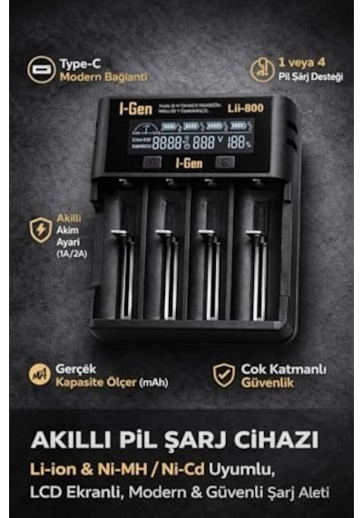 I-gen Batteries Lii-800 Akıllı Li-ion Pil Şarj Cihazı, Type-c Girişli, Lcd Ekranlı, 4 Slot Şarj, Li-ion & Ni-mh Uyumlu 18650/21700 / Aa/aaa