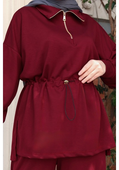 Balenbi Kadın Oversize Kesim Fermuarlı Yaka Bel Stoperli Modal Takım 1234 Bordo
