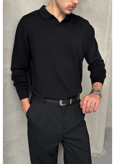 Erkek Pamuklu Polo Yaka Oversize Triko Kazak Siyah
