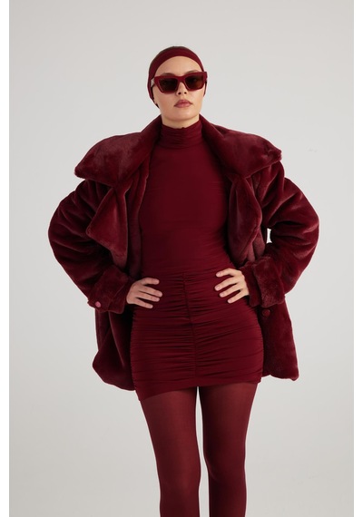 Holly Lolly Balıkçı Yaka Büzgülü Mini Tami Elbise Bordo