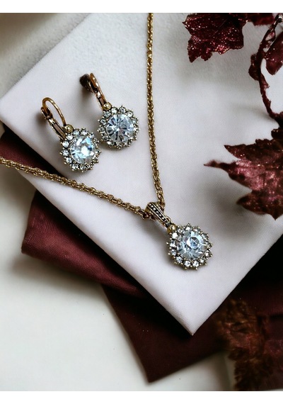 Black Diamond Kristal Taşlı Güneş Figür Kolye Ve Küpe Seti Beyaz