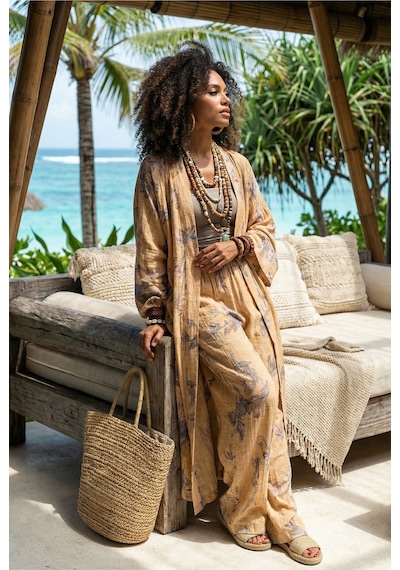 Fashion Cocktail Çiçek Yapraklı Baskılı Oversize Kimono Kaftan Lastikli Pantolon Doğal Gofre Bohem Takım Karamel Fashion Cocktail Çiçek Yapraklı Baskılı Oversize Kimono Kaftan Lastikli Pantolon Doğal Gofre Bohem Takım Karamel