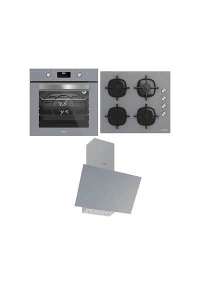 Silverline CS5335S02 Ocak, 3481 Flam Davlumbaz, BO6502S02 Fırın Gri Ankastre Set