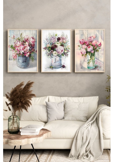 Ahşap Çerçeveli Mdf Tablo Seti Salon Ve Oturma Odası İçin Çiçekler Çt3070 42 X 62 Çok Renkli