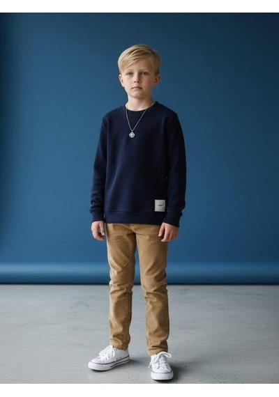 Zekids Erkek Çocuk Pamuklu Dokulu Kumaş İnce Uzun Kollu Sweatshirt-16630 Lacivert