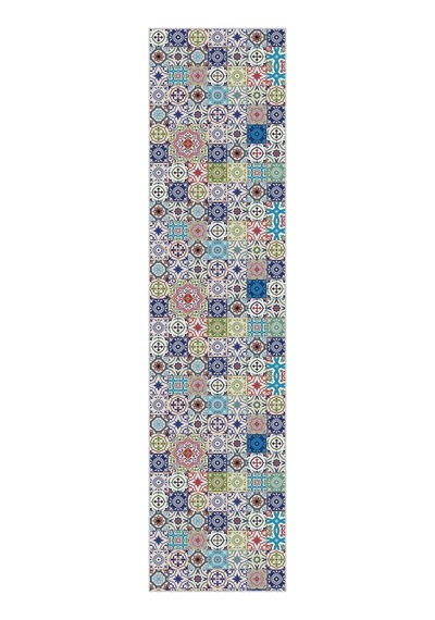 Rugviva Kaymaz Taban Makinede Yıkanabilir Renkli Çini Kesme Rulo Yolluk Ar499, Turkuaz, 60 X 200 Çok Renkli