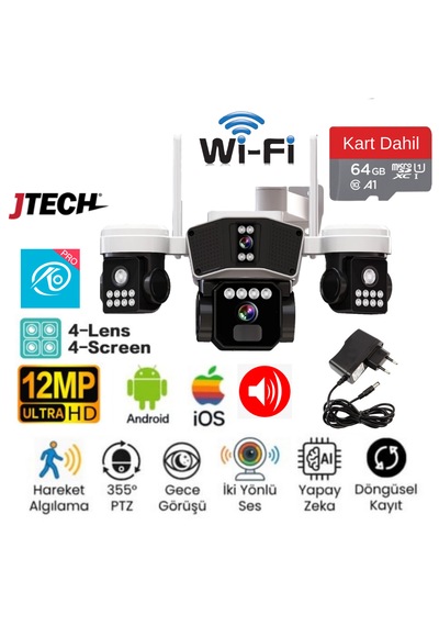 O-kam OK-206 Plusw 3mp+3mp+3mp+3mp 12mp Wi-fi Model 4Lens Alert 1Ptz Akıllı Kamera + 64gb SD Kart Dahil