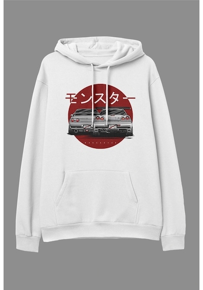 Startmore Oversize Araba Nissan Tasarım Baskılı Kapüşonlu Sweatshirt Hoodie Beyaz Beyaz