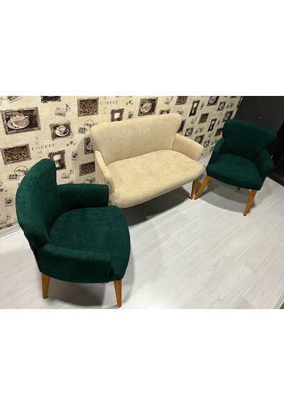 Venqm Bukle Çay Seti Koltuk Takımı Balkon Ofis Mutfak Krem Yeşil