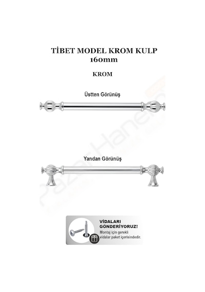 Tibet Model Dolap Çekmece Kulpu Zamak Başlık & Alüminyum Gövde 160mm / 224mm - Tekli Krom 160mm