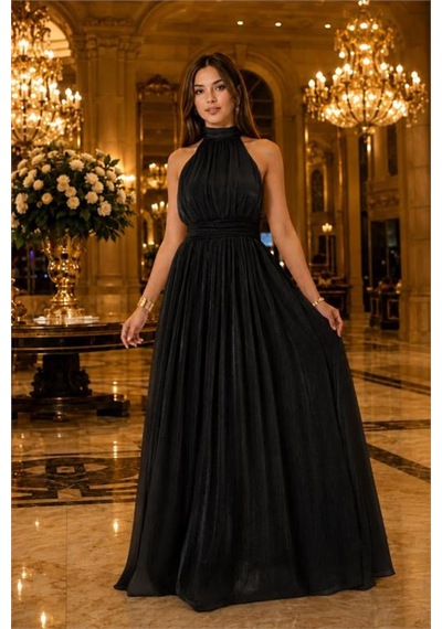 Neşeli Butik Kadın Siyah Halter Yaka Janjan Kumaş Premium Abiye Elbise Nbmy4128