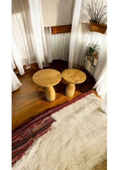 Simillo Wood Ahşap 2'li Set Vazo Model Mantar Yan Sehpa Modern Fiskos / Koyu Ceviz Renkli / Zigon Sehpa Vernikli Koyu Ceviz