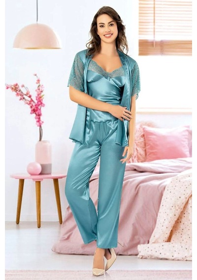 Faal 4909 Kadın Dantel Detaylı Saten Sabahlıklı İp Askılı Pijama Takım-mavi Mavi