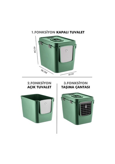 Hz-500 Xxl 3 Fonksiyonlu Kedi Tuvaleti, Kapalı/açık Tuvalet Ve Taşıma Çantası, 56x40x43 Cm Yeşil