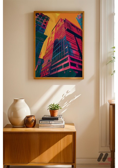 Renkli Bina Pop Art, Ahşap Çerçeveli Duvar Tablosu - Renkli Ev Dekorasyonu
