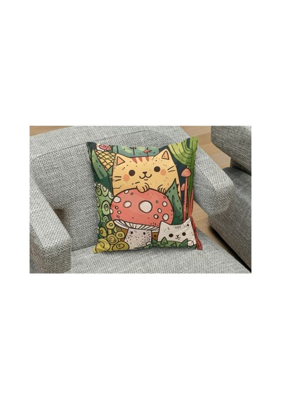 Kedicik Ve Mantar Desenlı Kare Yastık Kılıfı Çok Renklı