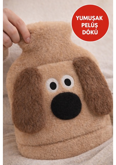 Kahverengi Gromit Figürlü Eldivenli Sıcak Su Torbası Peluş Kılıflı, Karın El Isıtıcı Renkli