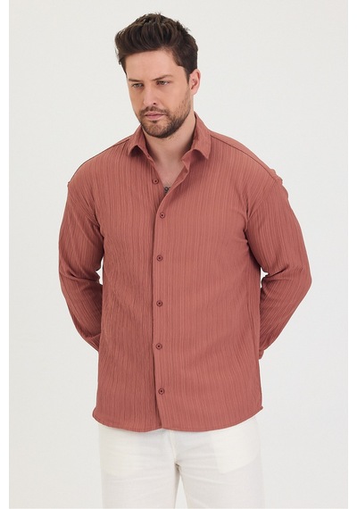 Tarz Cool Erkek Kendinden Çizgi Detaylı Slim Fit Dar Kalıp Uzun Kol Gömlek Gülkurusu