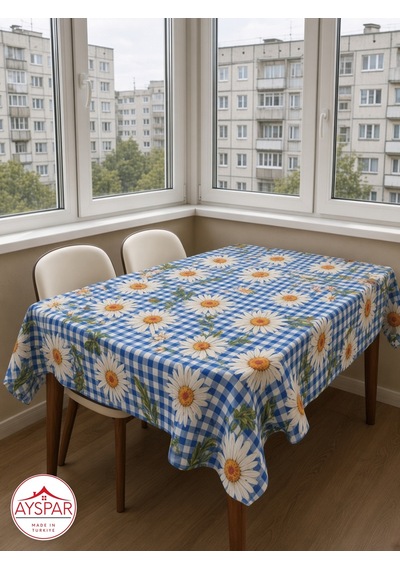 Masa Örtüsü 150x170 Cm Açık Mavi Kareli Papatya Beyaz