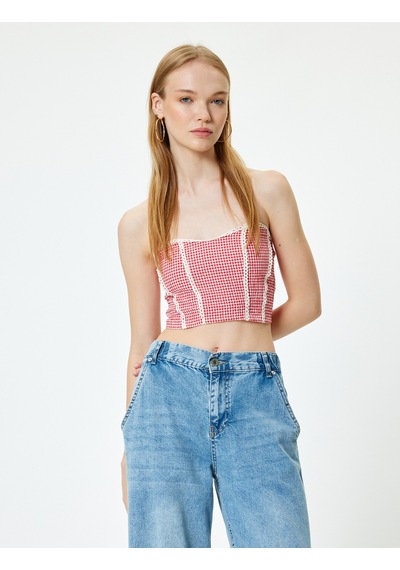Koton Straplez Büstiyer Pötikareli Crop Kolsuz Gipeli Dantel Detaylı Slim Fit Kırmızı Ekose 4sal30066ıw Kırmızı