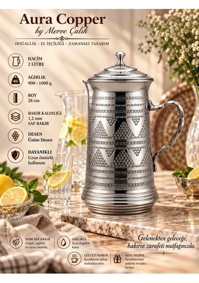 Aura Copper 2 Litre Kapaklı İçi Kalaylı El İşlemeli Bakır Sürahi