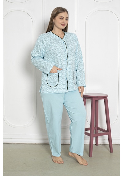 SEBOTEKS %100 Pamuklu Uzun Kollu Boydan Düğmeli Büyük Beden Kadın Pijama Takımı 206 Yeşil