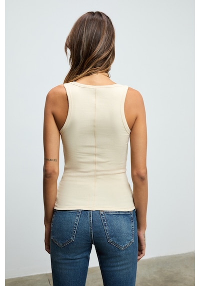 Ethıquet Lıllesol Kadın Fitilli Görünümlü Slim Fit Vücuda Oturan Havuz Yakalı Pamuklu Basic Bej Atle