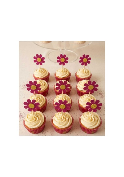 Papatya Fuşya Renk Simli Cupcake Kürdanı Doğum Günü Parti Ve Pasta Süsü 10lu 5 Cm