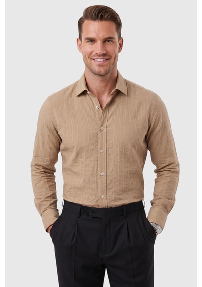 Rizzup Erkek Slim Fit %95 Pamuk Çizgi Dokulu Açık Kahve Ütü Gerektirmeyen Gömlek 2600002 Açık Kahverengi