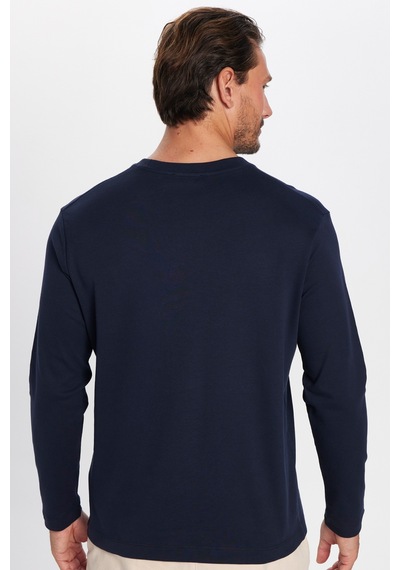 Tudors Unisex Relax Fit Rahat Kesim %100 Pamuk Uzun Kollu Bisiklet Yaka Lacivert Basic Tişört-32655 Lacivert