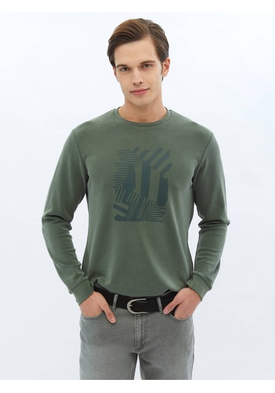 Kip Haki Bisiklet Yaka Baskılı Sweatshırt 396797 Haki