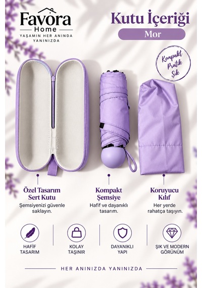 Favora Rainbox Kapsül Şemsiye - Kutulu Mini Katlanır Çanta Boy Şemsiye Mor