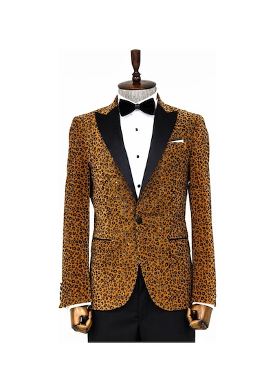 Wessi Leopar Desenli Slim Fit Dik Yaka Sarı Erkek Balo Ceket Sarı