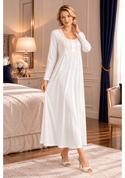 Mecit Pijama Mecit 6411 Ekru Dantel Detaylı Kadın Sabahlık Gecelik Takım