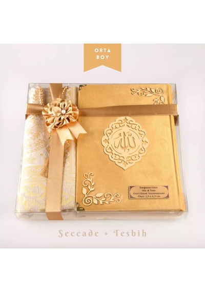 Seccade + Tesbih + Kuran Hediye Seti Orta Boy, Kadife, Gold, Lafzatullah