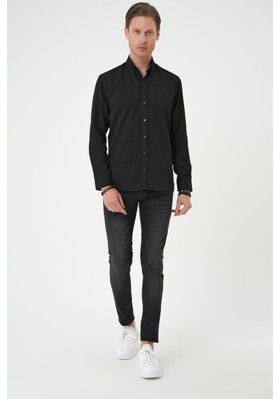 Efor Slim Fit Dokulu Düğmeli Yaka Pamuklu Klasik Siyah Gömlek Gk 739 Siyah