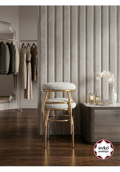 Evko Mobilya Tabure, Bar Taburesi, 2 Adet Tabure, Puf, Bench, Metal Ayaklı Tabure, İç Içe Geçebilen Tabure, Mutfak Balkon Bahçe Taburesi Gold Krem