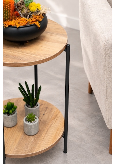 Sehpol Yuvarlak Tablalı İki Raflı Sehpa Q42x60 Cm Antrasit - Atlantik Çam