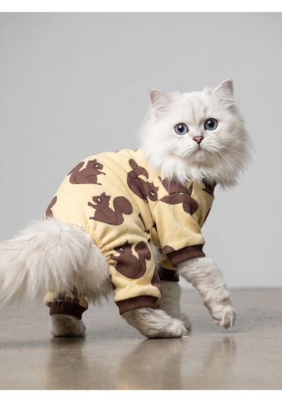 Fındıkkıran Kedi Tulumu Sincap Desenli Sarı Kalın Penye Kedi Pijaması