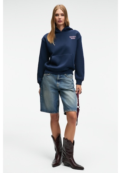 Grımelange YUMEA Kadın Oversize Kapüşonlu Baskılı Lacivert Sweatshirt