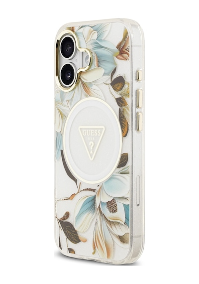 Apple Uyumlu iPhone 17 Kılıf Guess Lisanslı M-safeli Simli Çiçek Desen Metal Kamera Çerçeveli Üçgen Logolu Beyaz Beyaz