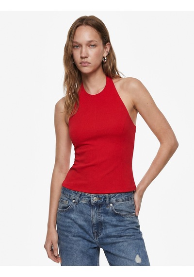 Koton Slim Fit Bel Vurgulu Halter Yaka Kolsuz Peplum Bluz Kırmızı 6sal30289ık