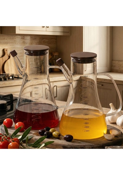 Porsima Lm-0106 Serra Kapaklı Borosilikat Cam 2li Yağlık Sirkelik Yağdanlık Seti 1000ml Şeffaf