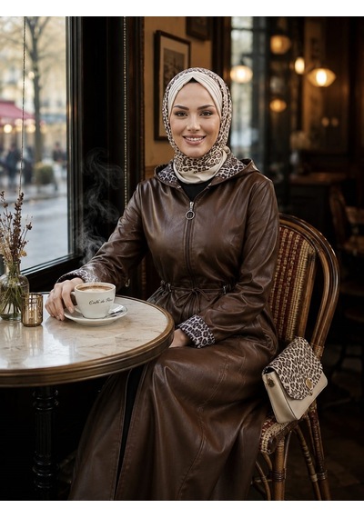Hb Harma Time Butik Kadın Fermuarlı Kapüşonlu İçi Şardonlu Kahverengi Deri Kap