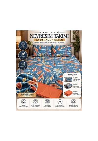 Slc Home %100 Pamuk Saten Şık Tasarım Çift Kişilik Nevresim Takımı 4 Parça Mavi Çiçekli Mavi - 938556133 Mavi