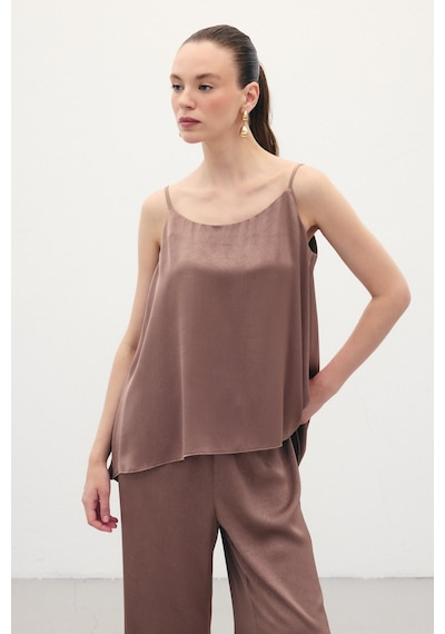 Sateen Askılı Saten Bluz - Kahve-136346 Kahve