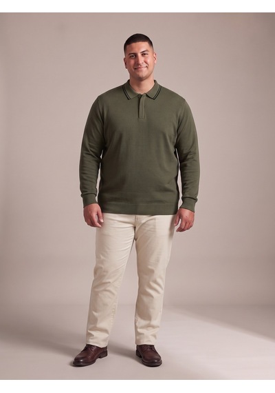 Maccali Erkek Haki Büyük Beden Gizli Fermuarlı Polo Yaka Triko Sweatshirt