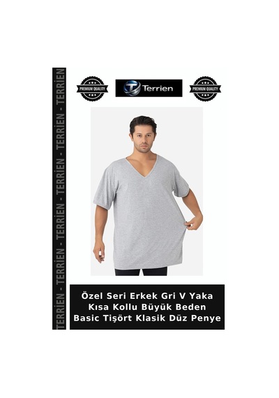 Terrien Özel Seri Erkek Gri V Yaka Kısa Kollu Büyük Beden Basic Tişört Klasik Düz Penye